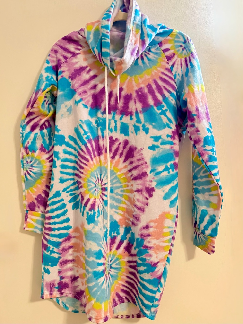 Almost Famous Tie-Dye Cowl Neck Sweater Dress in Blue, Purple, Yellow